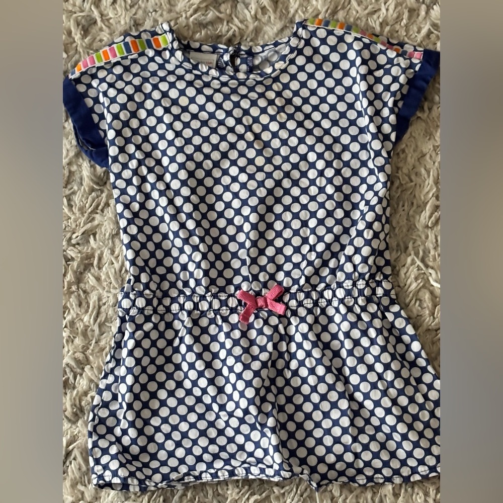 Vintage 2T Girls Blue Polka Dot Kids Shirt Dress with Pink Bow